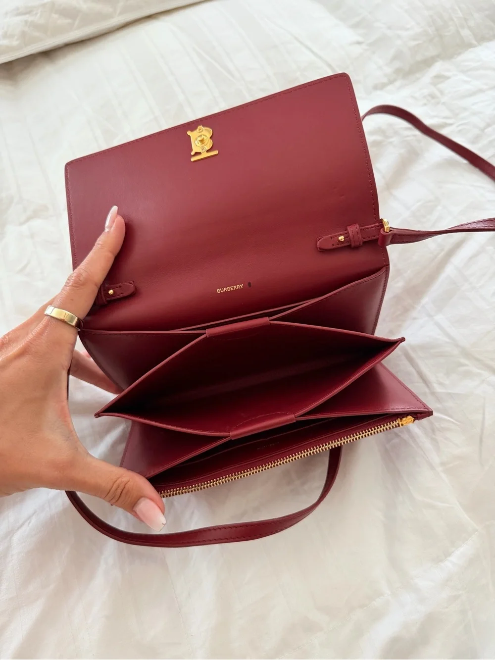 Burberry Burgundy Leather TB Logo Crossbody Bag with Gold Hardware
